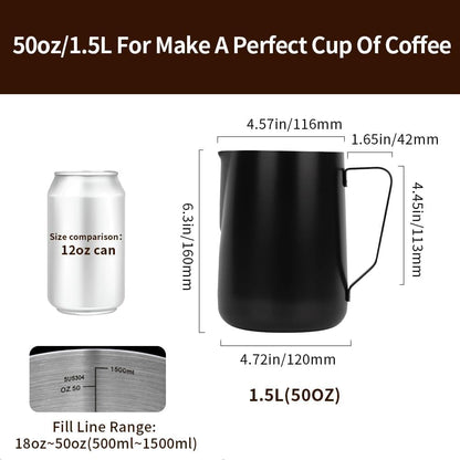 watchget Milk Frothing Pitcher 50oz/1500ml - Stainless Steel Espresso Steaming Pitcher for Cappuccino, Latte Art, Coffee Machine Accessories Milk Jug Frother Cup, Black