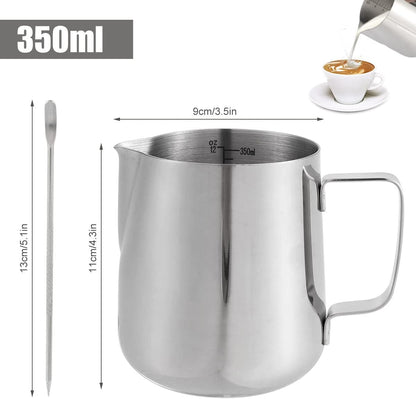 1PCS 350ML/12oz Milk Frothing Jug for Coffee Machine 304 Stainless Steel Milk Pitcher Cup with Spoon Milk Cup for Making Cappuccino Latte and Espresso
