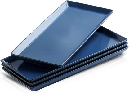 KOOV Ceramic Serving Tray, 14 Inches Large Serving Platter, Rectangular Serving Tray, Porcelain Serving Plates, Ceramic Serving Dishes for Dinner, Party, Sushi, Dessert, Food, Set of 4 (Stone Blue)