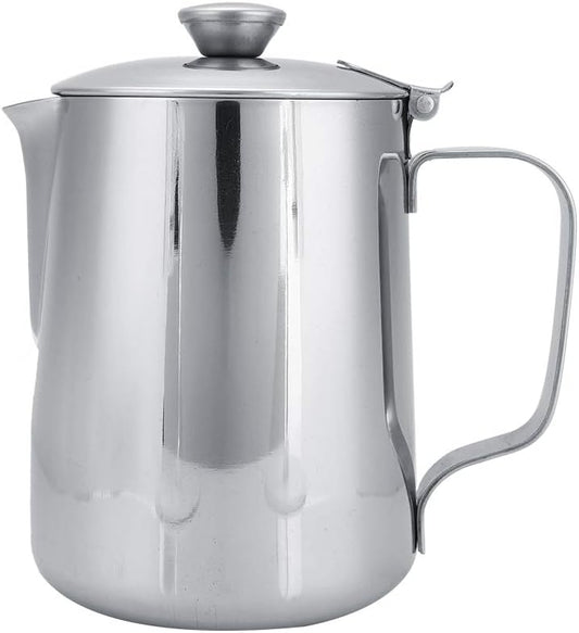 Stainless Steel Milk Frothing Pitcher, Stainless Steel Coffee Cup Mug Milk Frothing Pitcher Jug with Lid for Latte Coffee Art for Office Kitchen with handle(600ml)