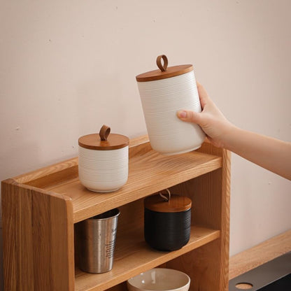 Food Storage Jar Strong Ceramic Storage Canisters with Airtight Wooden Lid,Kitchen Storage Containers for Serving Coffee Beans, Tea, Sugar, Salt, Spices (White three-piece suit)