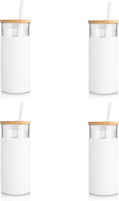 Tronco 20 oz Glass Tumbler Glass Water Bottle Straw Silicone Protective Sleeve Bamboo Lid - BPA Free -White/4 Pack