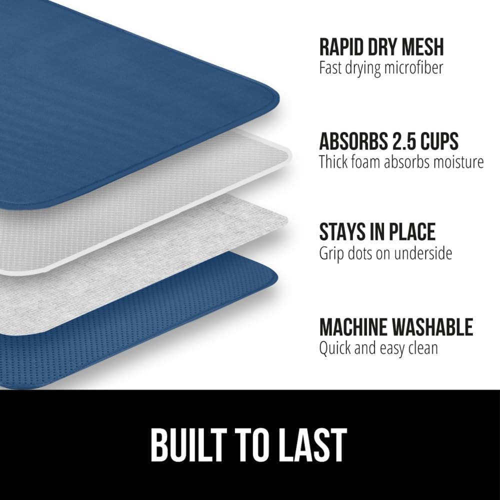 GORILLA GRIP Ultra Water Absorbent Microfiber Dish Drying Mat, Quick Dry Thick Mesh, Slip Resistant Pad for Sink Dishes or Under Rack, Kitchen Counter Accessories, 16x18, Machine Wash, 2 Pack Blue