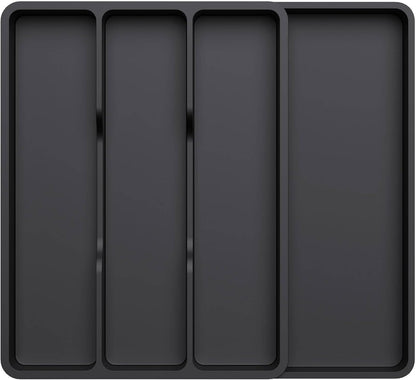 Lifewit Utensil Drawer Organizer, Expendable Cooking Silverware Tray for Kitchen Drawer, Adjustable Cutlery Flatware Holder, Plastic Spatula Tools and Gadgets Storage Divider, 4 Compartments, Black