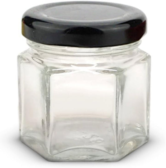 1.5 oz Hexagon Mini Glass Jars with BLACK Lids and Labels (Pack of 24)