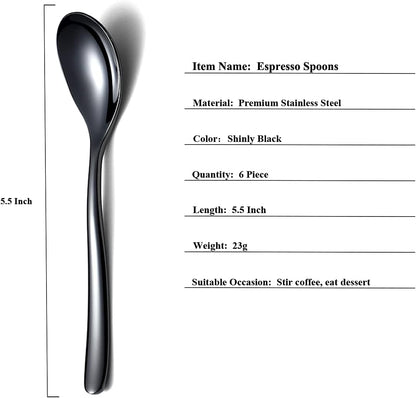 Black Demitasse Espresso Spoons, 5.5'' Mini Coffee Spoons, Set of 6, Stainless Steel, Dishwasher Safe