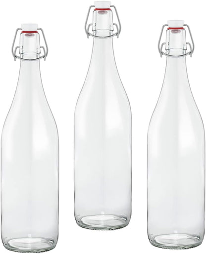 Le Parfait Pitchers | 32oz (Pack of 3) 1 Liter Glass Swing Top Milk Pitcher with Printed Logo & Airtight Swing Stopper | Glass Pitcher for Drinks, Smoothie, Preserving Juices & Salad Dressing