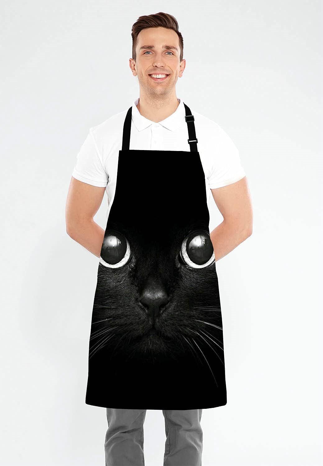 Black Cat Face Kitchen Cooking BBQ Chef Apron,Funny Apron for Men, Women - Dad Presents, Presents for Men - Birthday, Mothers Day Presents for Mom, Wife, Husband, Brother, Friends