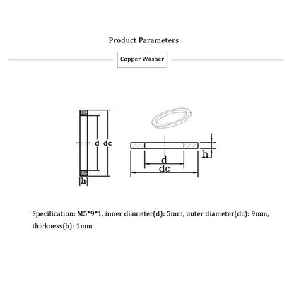 M5 Flat Washer Copper Sealing Ring, 5mm ID 9mm OD 1mm Thickness Metric Sealing Gasket, 100 Pieces