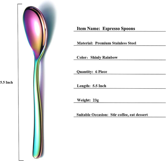 Rainbow Demitasse Espresso Spoons, 5.5'' Mini Coffee Spoons, Set of 6, Stainless Steel, Dishwasher Safe