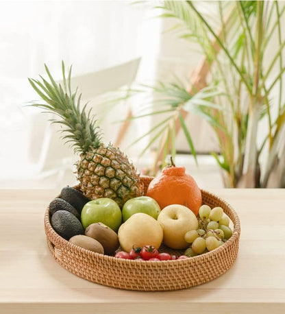 YANGQIHOME Rattan Round Serving Tray, Decorative Coffee Table Tray, Hand Woven Serving Basket with Handles, Ottoman Wicker Fruit/Bread Serving Basket, 13.8 inch