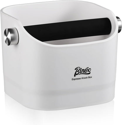 Espresso Knock Box - Bincoo Espresso Machine Knock Box/Espresso Grounds Knock Box, Barista Style Coffee Knock Box for Grounds with Removable Shock-Absorbent Knock Bar and Anti-Slip Base. (White)