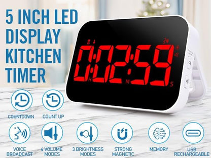 LED Timer （1.5" Number） with Voice Reminder, Digital Magnetic Timer, Countdown/Up, Rechargeabilit, Brightness Display, 3 Volume Levels and Vibration Mode, for Classroom, Study (red)