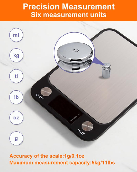 Brigii Food Scale,Digital Kitchen Scale, Stainless Steel, Weight in Grams, Ounces, Milliliters and Pounds, Ideal for Meal Prep, Cooking, and Baking