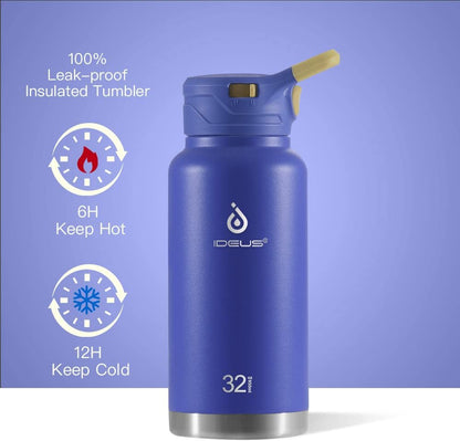IDEUS Insulated Stainless Steel Water Bottle with 2 Leak-Proof Lids, Thermal Water Flask for Hiking Biking, 32oz, Purple