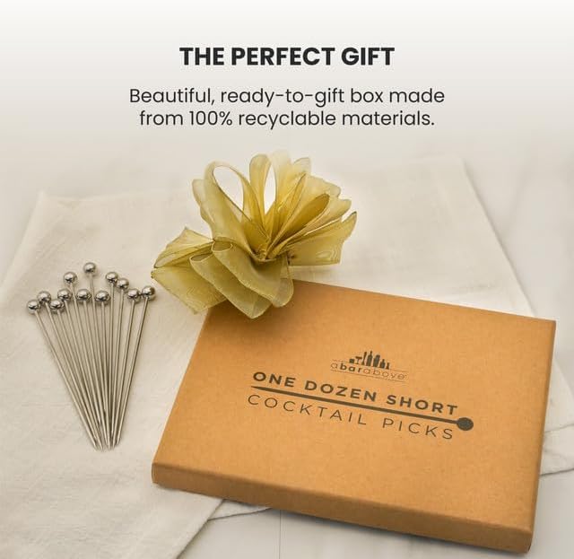 A Bar Above Gold Cocktail Picks, 8 Inch Long Reusable Garnish Skewers for Drinks and Appetizers, Metal Stir Sticks for Cocktails, Premium Bar Tools for Olives, Shrimp, Fruit, and Bloody Marys