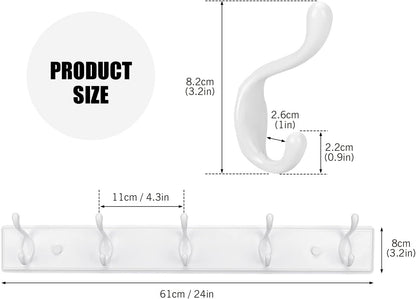 Wooden Coat Rack, Wall-Mounted Organizer for Closet, Entryway, Hallway, Foyer, Bedroom, Heavy Duty Double Hooks for Hanging Towels, Bags, Hats, Jackets, Key (White, 5 Hooks)