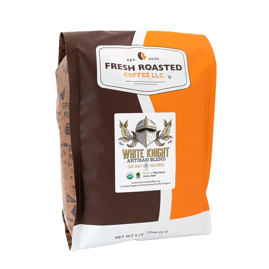 Fresh Roasted Coffee, Organic White Knight | USDA Organic, Kosher | Light Roast 5 lb (80 oz), Ground