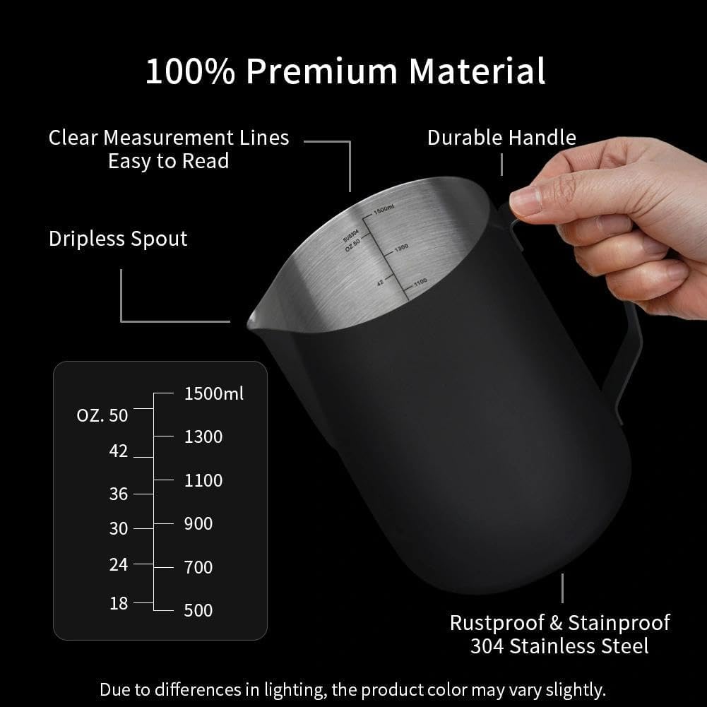 watchget Milk Frothing Pitcher 50oz/1500ml - Stainless Steel Espresso Steaming Pitcher for Cappuccino, Latte Art, Coffee Machine Accessories Milk Jug Frother Cup, Black