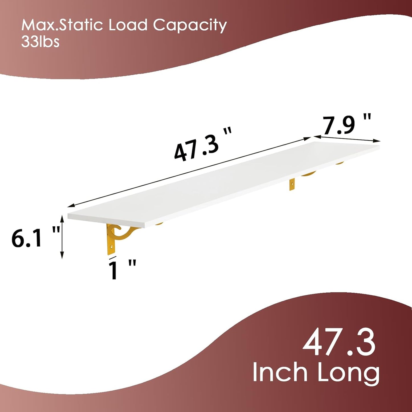 DINZI LVJ Long Wall Shelves, Set of 4, 47.3" Wall Mounted Shelves, Large Floating Shelves for Storage with Metal Brackets, for Living Room, Bathroom, Bedroom, Kitchen, White and Gold