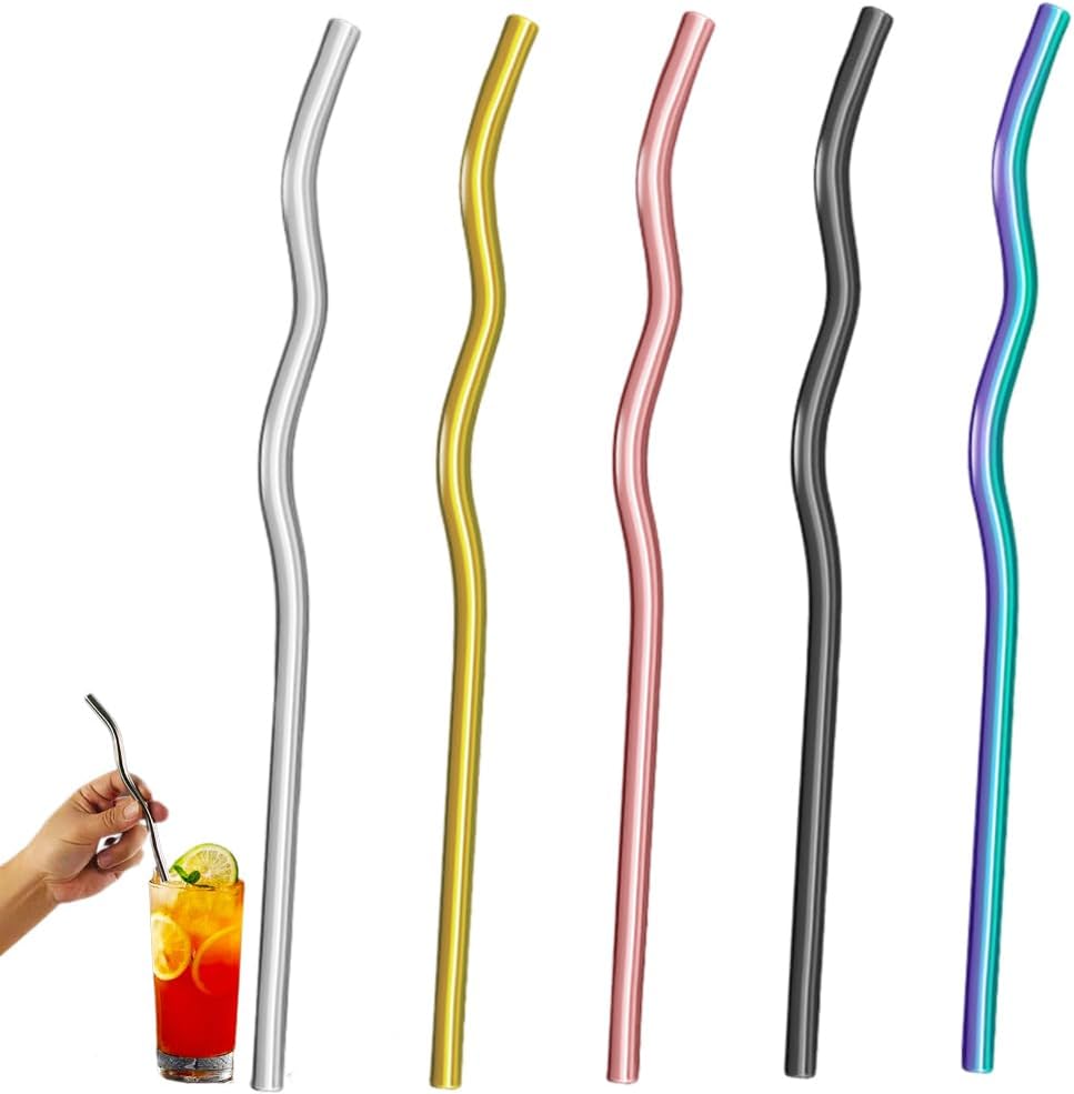 Reusable Stainless Steel Drinking Wavy Colorful Straws,With Curved Bend Metal Long Drinking Straws Set for Milkshake,Smoothie,Beverage,5 Piece. (Colorful)