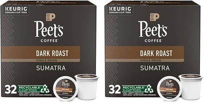 Peet's Coffee, Dark Roast Keurig K-Cup Pods - Single Origin Sumatra 64 Count (2 Boxes of 32 K-Cup Pods)
