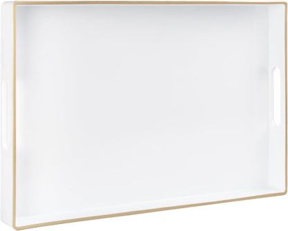 MAONAME White Decorative Tray for Coffee Table, Modern Serving Tray with Handles, Plastic Rectangular Tea Tray for Ottoman, Bathroom Decor, 15.8” X 10.2” x1.4
