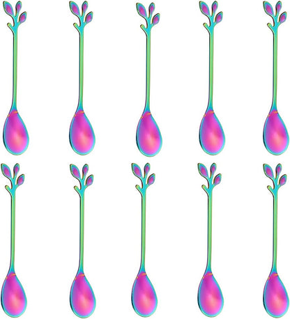 AnSaw Elegant Rainbow Leaf Coffee Spoons - 10-Piece, 4.7" Mini Stainless Steel Espresso & Dessert Tea Spoons, Perfect for Demitasse & Small Servings