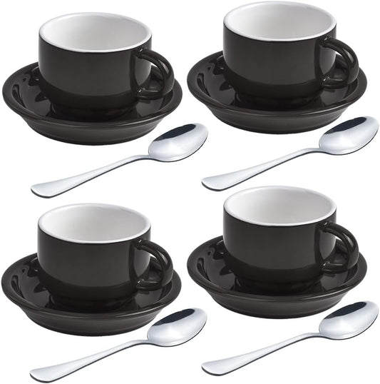 homEdge Premium Espresso Shot Cups and Saucers Set with Espresso Stainless Steel Spoons - 2.5 oz, Set of 4, Black