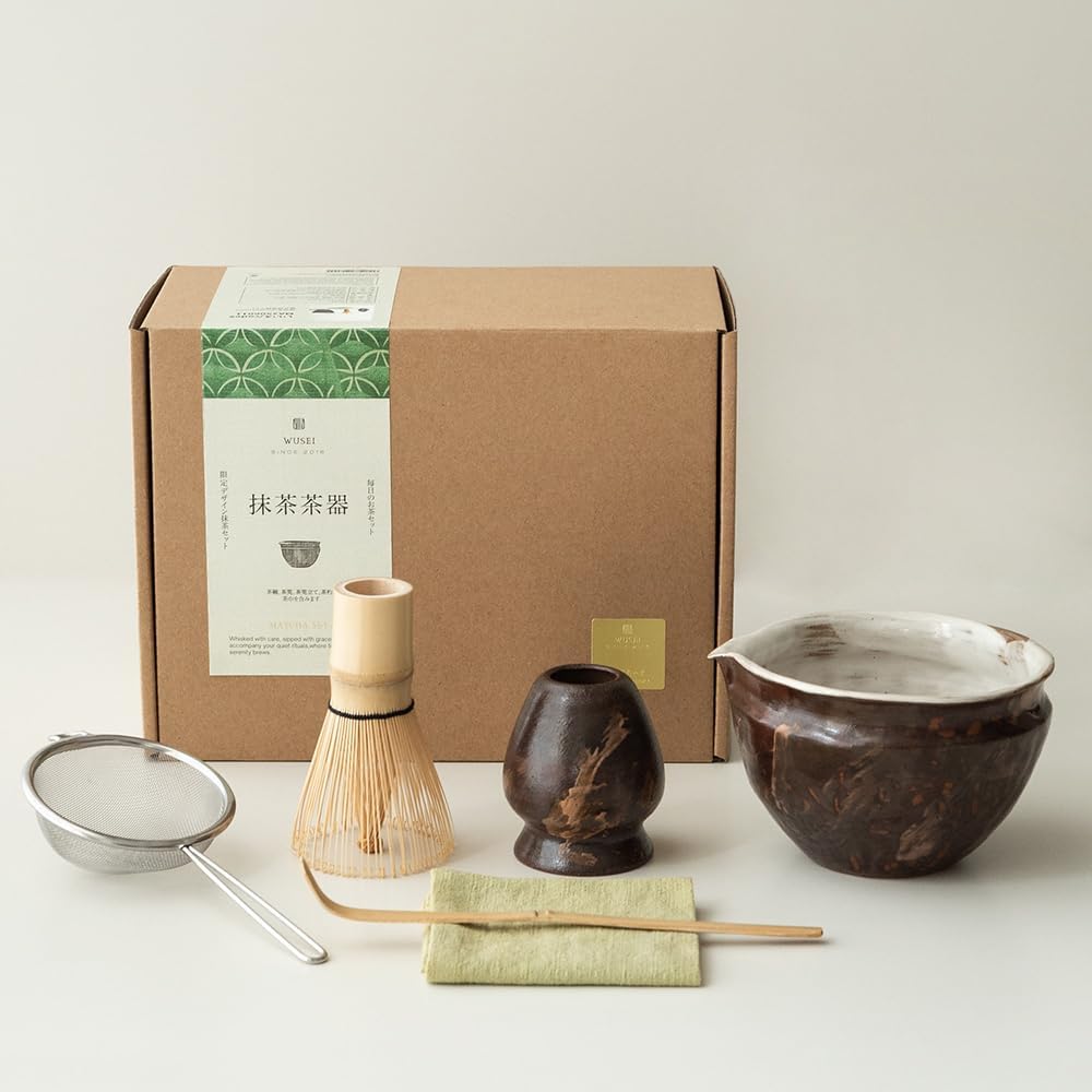 6-pcs Japanese Matcha Whisk Set with Handmade Wabi-Sabi Ceramic Bowl(Chawan),Bamboo Chasen, Whisk Holder, Scoop, Sifter & Tea Towel,Matcha Ceremony Kit,(Silent taupe)