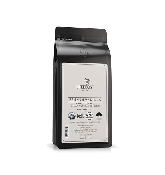 Lifeboost Whole Bean French Vanilla Coffee - Low Acid Single Origin Non-GMO Organic Coffee - Third Party Tested For Mycotoxins & Pesticides - 12 Ounces
