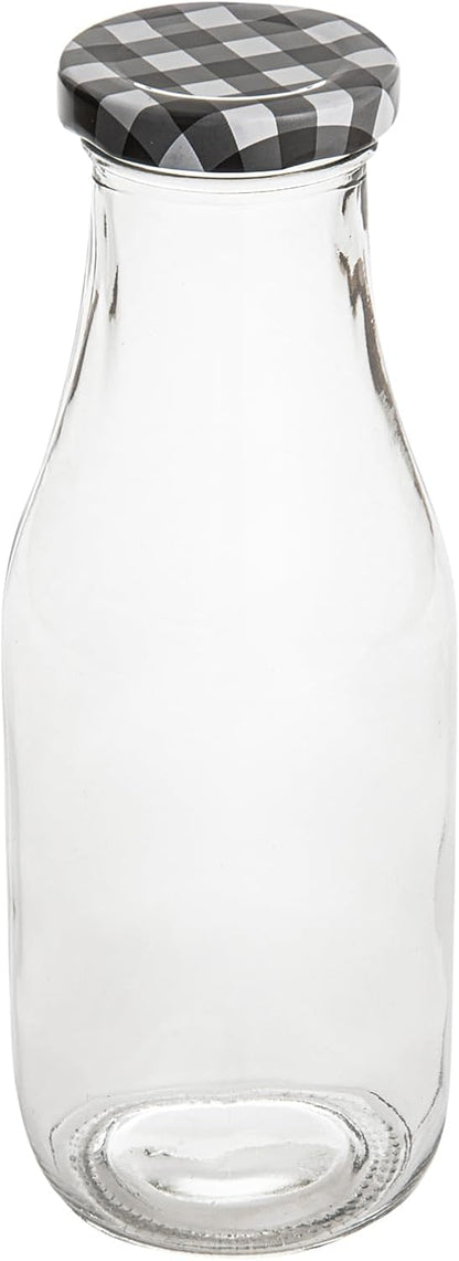 Restaurantware French Countryside 15 Ounce Glass Bottles 10 Durable Juice Bottles - With Black Plaid Lid Dishwashable Clear Glass Countryside Bottles For Hot And Cold Beverages