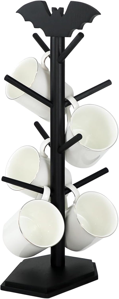 Bat Mug Holder Tree - 8 Hooks Coffee Mug Rack - Gothic Home Decor Wood Coffee Mug Tree for Countertop - Coffee Cup Holder for Halloween Kitchen Organizer & Coffee Bar Accessories, Black