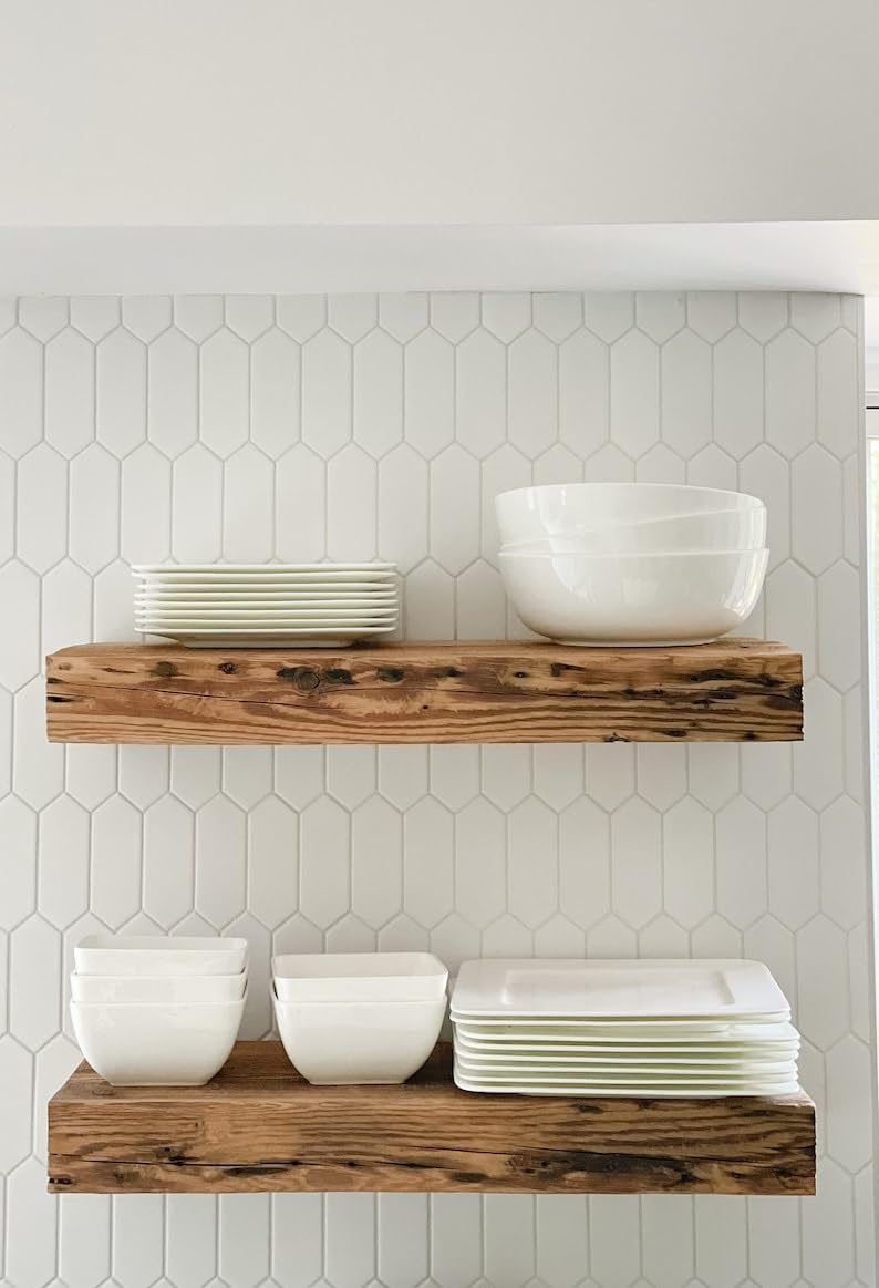 Modern Timber Craft Reclaimed Wood Fireplace Mantel Shelf | Solid Rustic American Barnwood with Floating Shelf Brackets | 2.75" Thickness | 60" L x 7" D, Rustic Original - Unfinished
