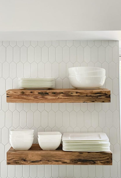 Modern Timber Craft Reclaimed Wood Fireplace Mantel Shelf | Solid Rustic American Barnwood with Floating Shelf Brackets | 2.75" Thickness | 96" L x 8" D, Rustic Original - Unfinished