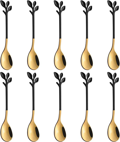 AnSaw Small Coffee Spoon Holder Set,Black Swan Base With 10 Pcs Black & Gold Demitasse Espresso Spoons Set,4.7" Mini Leaf Dessert Spoon,Stainless Steel Tea Spoons