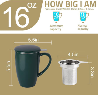 Sweejar Porcelain Tea Infuser Cup with Lid, 16 oz Teacup with Strainers for Loose Leaf, Microwave and Dishwasher Safe Coffee Mug, Steeping Mug for Tea Drinkers,Christmas Gift (White)