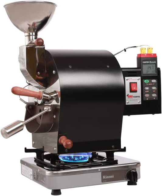 Kaldi Fortis Coffee Roaster with Accessories, 600g Batch, Gas burner is required. (Semi-Convective Type, Dual Data Logger Thermometer)
