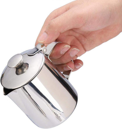 Stainless Steel Coffee Cup Mug Milk Frothing Pitcher Jug with Lid for Latte Coffee Art for Office Kitchen with handle(350mL)