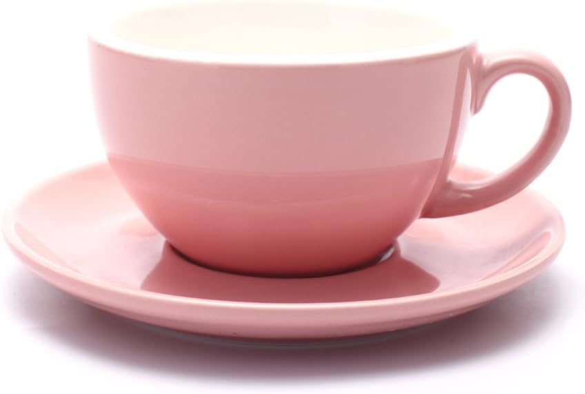 Latte Art Cup and Saucer for Latte & Cappuccino & Double Espresso, New Bone China, Mate for Coffee Shop and Barista (Glossy Pink, 10.5 oz)