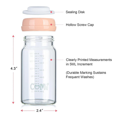 COMI Wide Neck Glass Breastmilk Collection n Storage Bottle, 6oz with Screw Ring Sealing Disk; Re-markable Sealing Disc. BPA Free, Fits Breast Pumps & Nipples (Pink Lids)