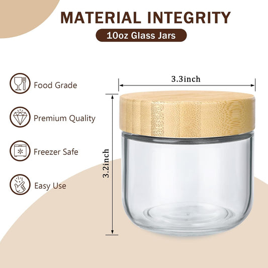 OcePor 6 Pack 10oz Glass Jars with Bamboo Lids, Over Night Oats Container with Airtight Lid, Glass Snack Storage Salad Jars For Food, Yogurt, Sugar and Flour,Coffee Bean, Cookie, Cereal