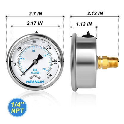 MEANLIN MEASURE 0~300Psi Stainless Steel 1/4" NPT 2.5" FACE DIAL Liquid Filled Pressure Gauge WOG Water Oil Air Center Back Mount, with 1/4" x 1/2" NPT and 1/4" x 3/8" NPT Hex Bushing