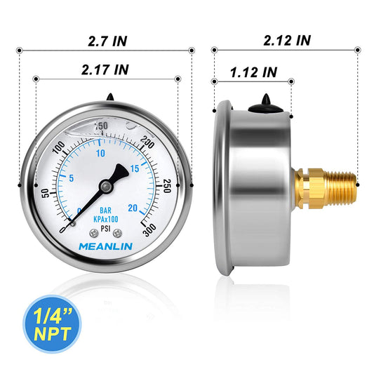 MEANLIN MEASURE 0~300Psi Stainless Steel 1/4" NPT 2.5" FACE DIAL Liquid Filled Pressure Gauge WOG Water Oil Air Center Back Mount, with 1/4" x 1/2" NPT and 1/4" x 3/8" NPT Hex Bushing