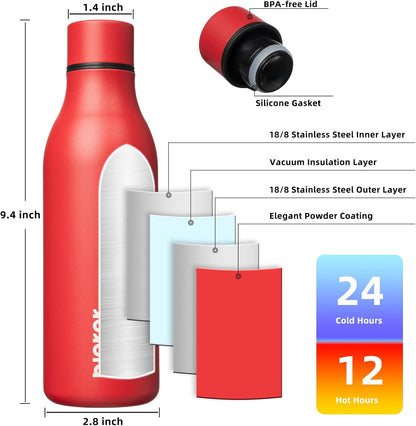 BJPKPK Insulated Water Bottles, 18 oz Stainless Steel Metal Water Bottle with Strap, BPA Free Leak Proof Thermos, Mugs, Flasks, Reusable Water Bottle for Sports & Travel, Red