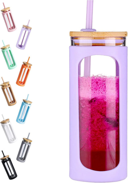 Kodrine 20oz Glass Water Tumbler with Straw and Lid, Bamboo Lids Water Bottle, Iced Coffee Cup Reusable, Wide Mouth Smoothie Cups with Protective Silicone Sleeve BPA FREE-Purple
