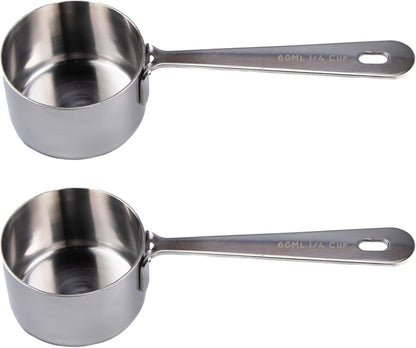 Honey Bear Kitchen 1/4 Cup 60 ml Leave-in Measuring Scoop Cups v2, Polished Stainless Steel (Set of 2)