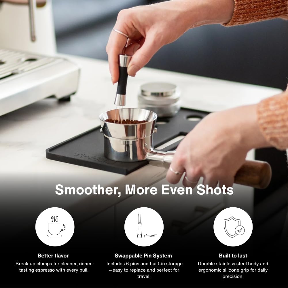 Crema Coffee Products Weiss Distribution Technique (WDT) Tool | Even Coffee Ground Distribution for Better Extraction | Stainless Steel with Silicone Grip | Includes 6 Pins & Storage Vault | Black