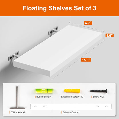 Floating Shelves for Wall, White Wood WallShelf Set of 3, 16" Wall Mounted Floating Shelf for Kitchen, Living Room, Bedroom, Bathroom Storage, Book Shelf for Walls Home Decor, Frame Display