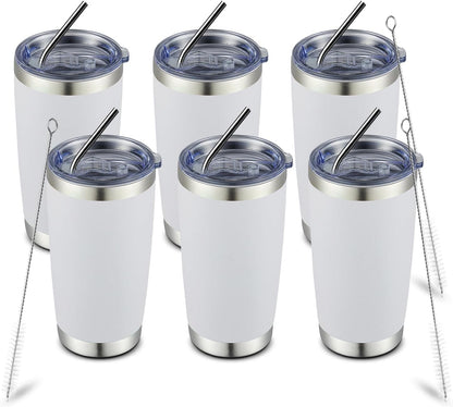 COMOOO 20oz White Tumbler Double Wall Vacuum Insulated Coffee Travel Mug Stainless Steel Tumbler Bulk with Lid and Straw Powder Coated Insulated Coffee Cup for Cold & Hot Drinks (White, 6 Pack)